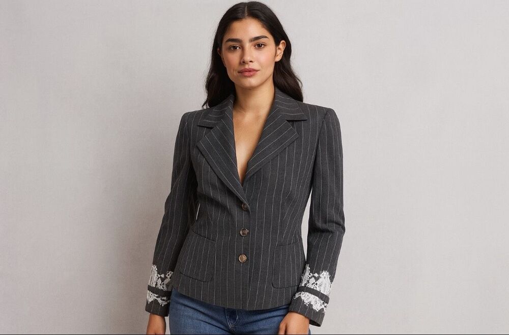Escada Wool Mohair Gray Pinstripe Tailored Blazer White Lace Cuffs S